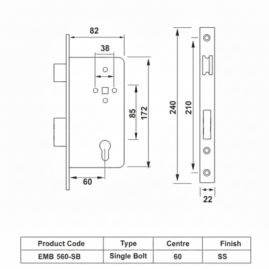 Technical dimensional diagram for Enox EMB 560-SB single bolt mortise lock body in Silver finish, showing an 85mm center-to-center distance, 60mm backset, and 240mm faceplate height.