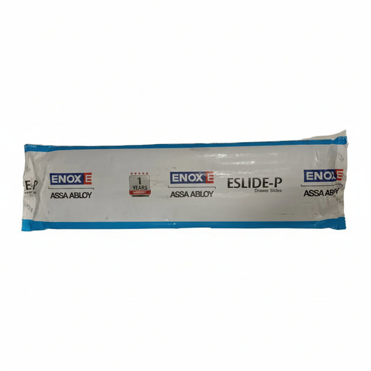 Retail packaging for Enox Eslide-P telescopic drawer slides by Assa Abloy, featuring a 1-year warranty badge and heavy-duty ball-bearing channel design for smooth kitchen and furniture drawer operation