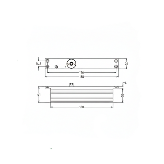 A technical line drawing and dimensional diagram of the Enox ITS 2602 concealed door closer, showing top and side views with precise measurements in millimeters, including a total length of 188mm and a slim 26 mm width.
