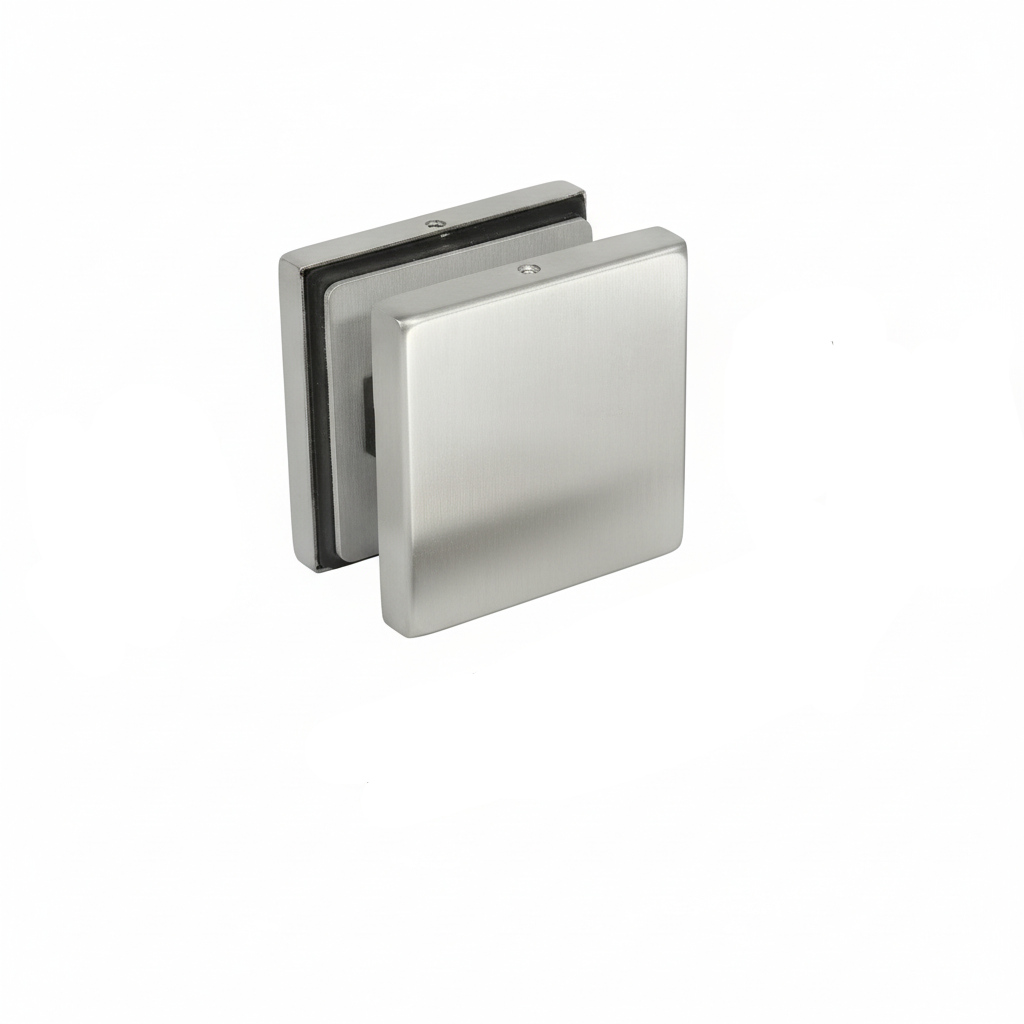 An EPF715O square glass patch fitting featuring a premium brushed stainless steel finish. This compact architectural connector includes internal protective black gaskets to ensure a secure, slip-resistant grip on frameless glass panels. Designed for modern glass partitions and commercial storefronts, it provides a sleek, minimalist hardware solution for stabilizing and connecting glass door systems.
