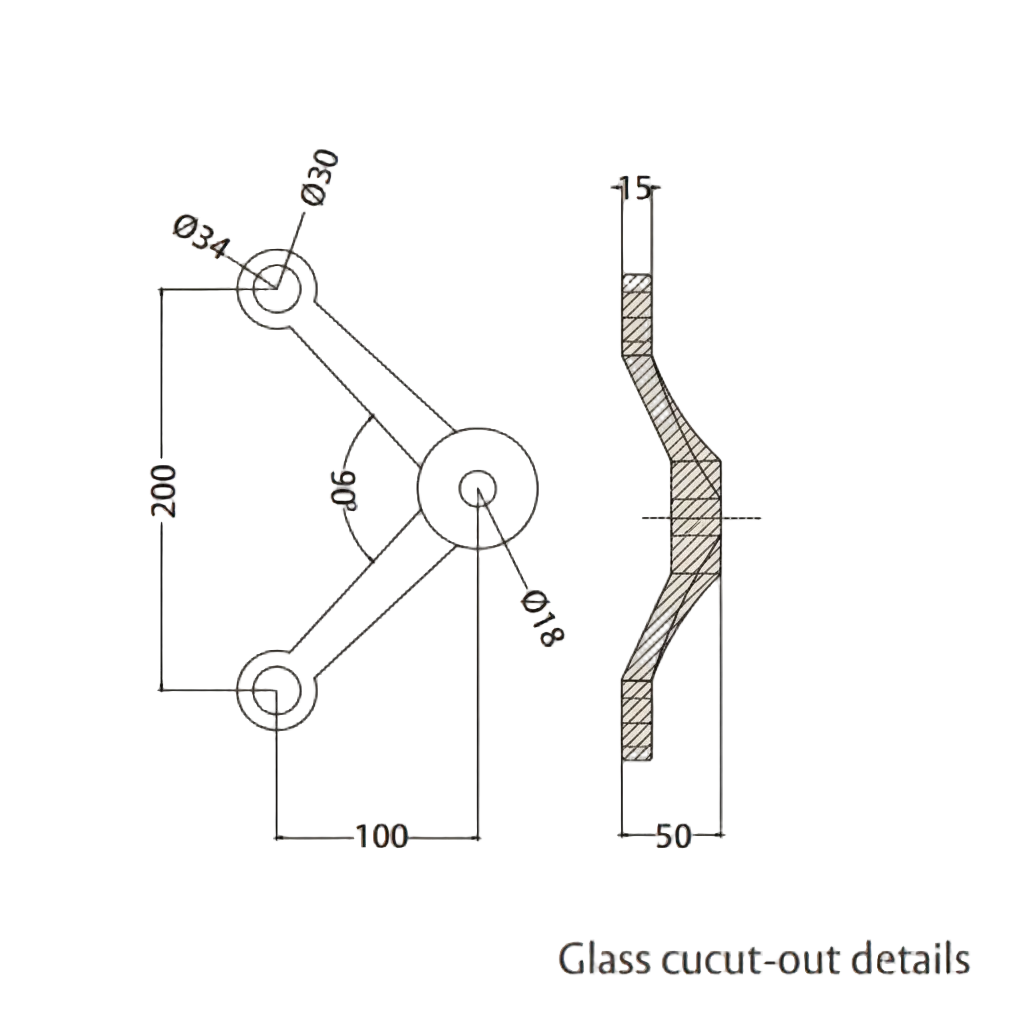 A technical dimension diagram for the ESPIDER 023 B two-arm V-shape glass spider fitting, detailing glass cut-out specifications. The schematic illustrates a 90° angle between arms, a 200mm vertical height between mounting points, and a 100mm horizontal reach. This architectural drawing includes precise measurements for hole diameters (30mm and 18mm) and a 50mm profile depth, essential for specifying point-fixed glass hardware in modern facades.