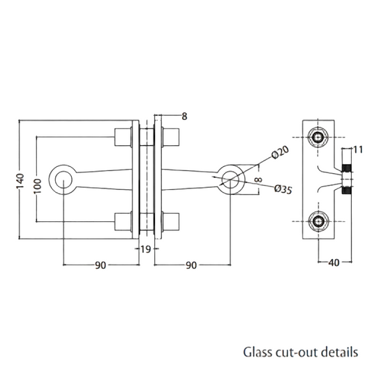 Technical dimensional drawing for ESPIDER 028B two-way glass fin spider fitting showing a 140mm total height, 90mm arm reach from center, and detailed glass cut-out specifications for structural glazing.