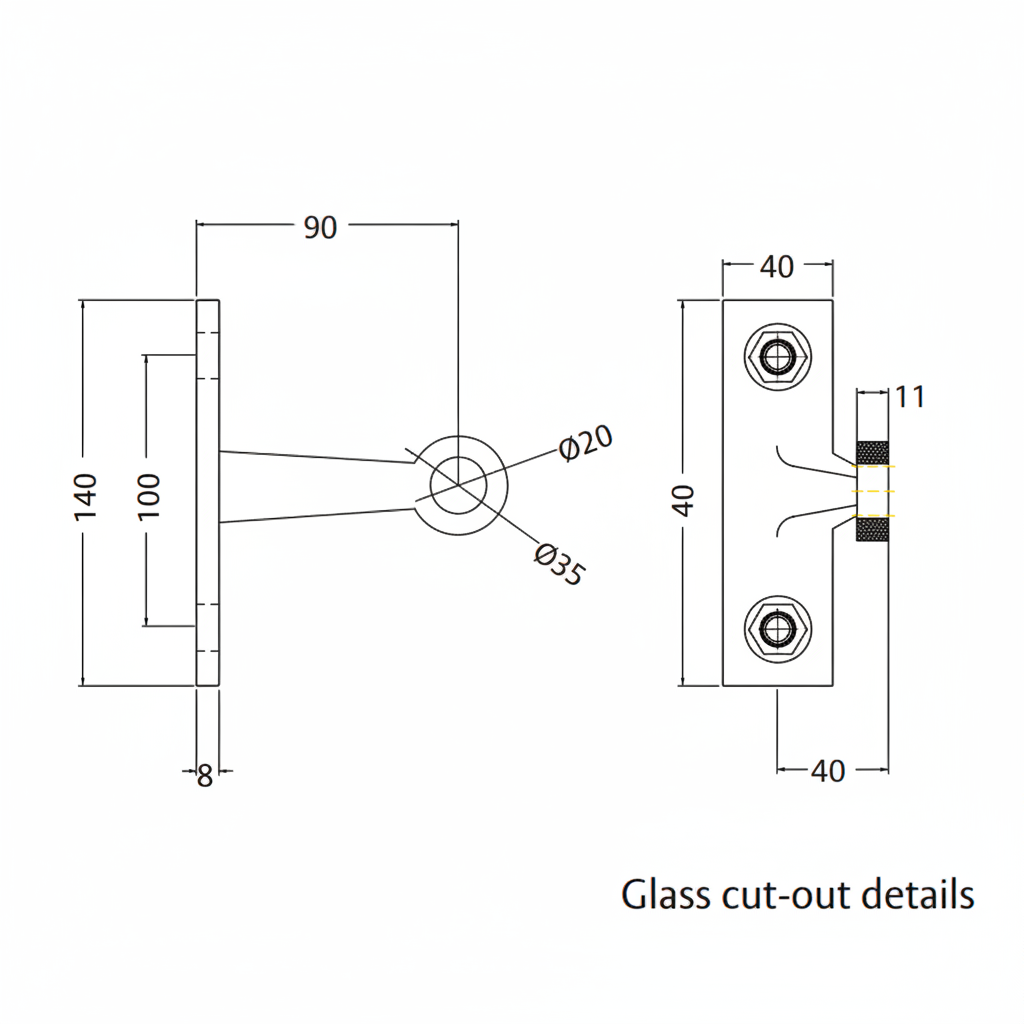 A technical dimension diagram for the ESPIDER 031 B fin-mount single-arm glass spider fitting, detailing glass cut-out specifications. The schematic illustrates key architectural measurements including a 140mm plate height, 90mm arm length, and 100mm center-to-center mounting holes. This drawing provides critical installation data for 20mm and 35mm diameter glass holes, essential for specifying point-fixed glass hardware in modern structural facades and curtain walls.