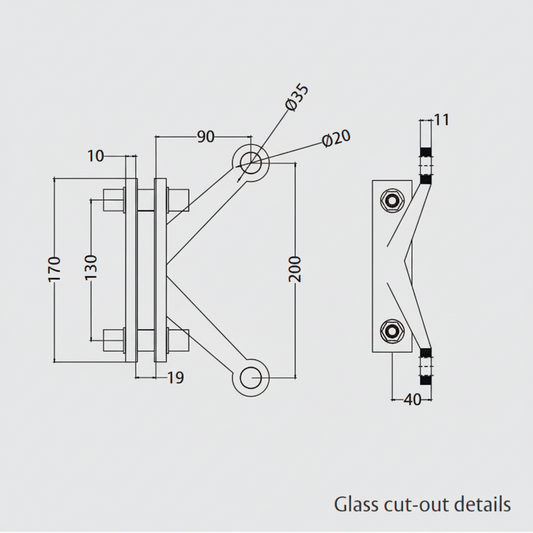 A technical dimension diagram for the ESPIDER 033B fin-mount two-arm V-shape glass spider fitting, detailing architectural specifications for glass cut-outs. The schematic illustrates a 170mm base height, 200mm vertical distance between arm centers, and a 90mm horizontal arm reach. This drawing provides critical installation data, including hole diameters of 20mm and 35mm, as well as a 19mm fin gap for specifying point-fixed glass hardware in modern structural facades.