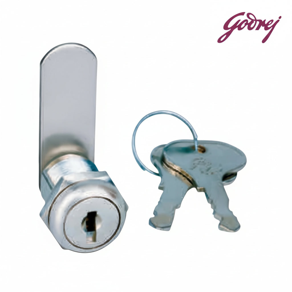 Godrej 20mm camlock in a polished silver finish, featuring a 90-degree rotating flat cam lever and two matching metal keys, designed for securing drawers, metal lockers, and wooden office furniture.