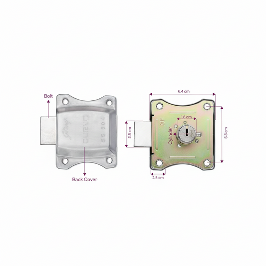 Technical dimension diagram for the Godrej Curvo Multi-Lock featuring a 6.4 cm width, 5.5 cm screw hole distance, and 1.8 cm cylinder diameter. The diagram highlights the SS304 stainless steel back cover and the 2.5 cm bolt height for drawer and cupboard installation.