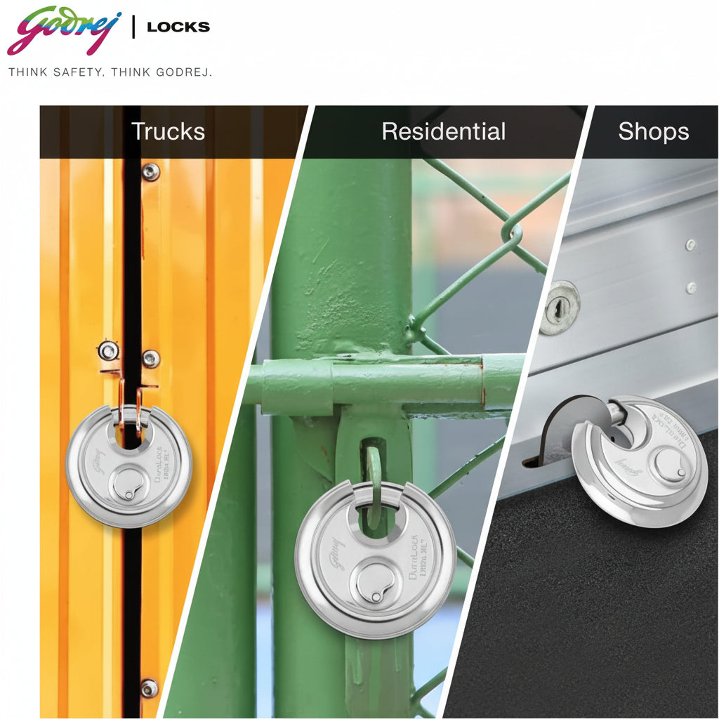 Godrej Duralock Ultra XL+ high-security disc padlock shown in three application scenarios: securing a yellow transport truck container, a residential chain-link perimeter gate, and a commercial shop rolling shutter.