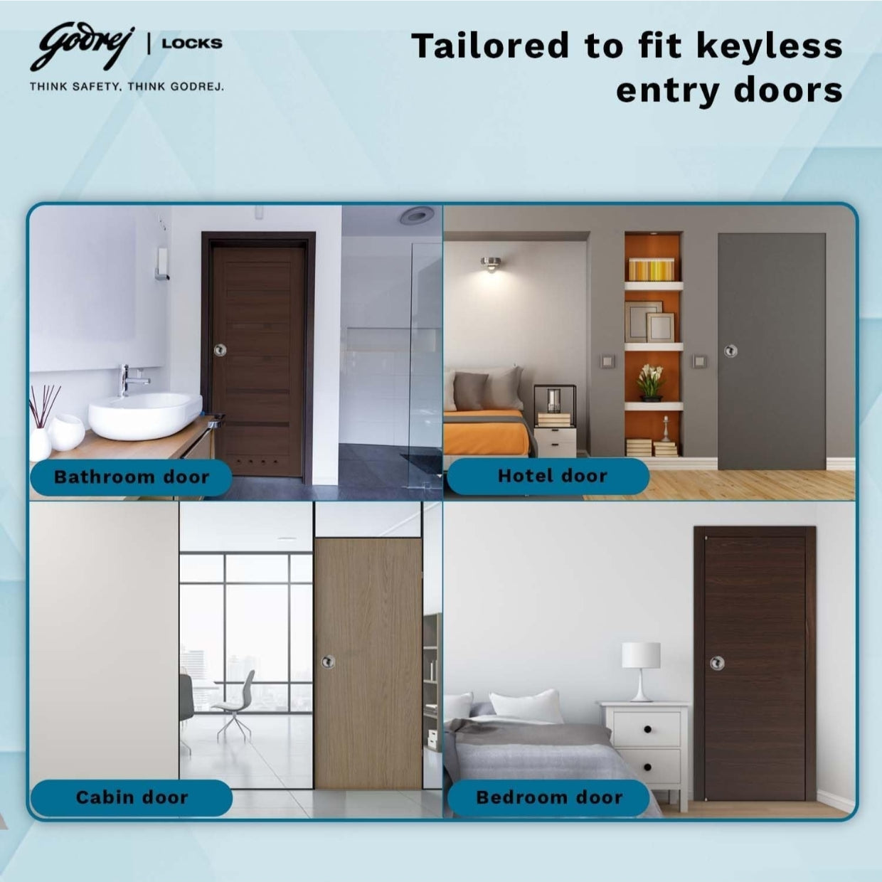 Godrej keyless cylindrical privacy lock application infographic displaying four usage scenarios: a modern bathroom door, a minimalist hotel room door, a wood-finished office cabin door, and a cozy residential bedroom interior door.