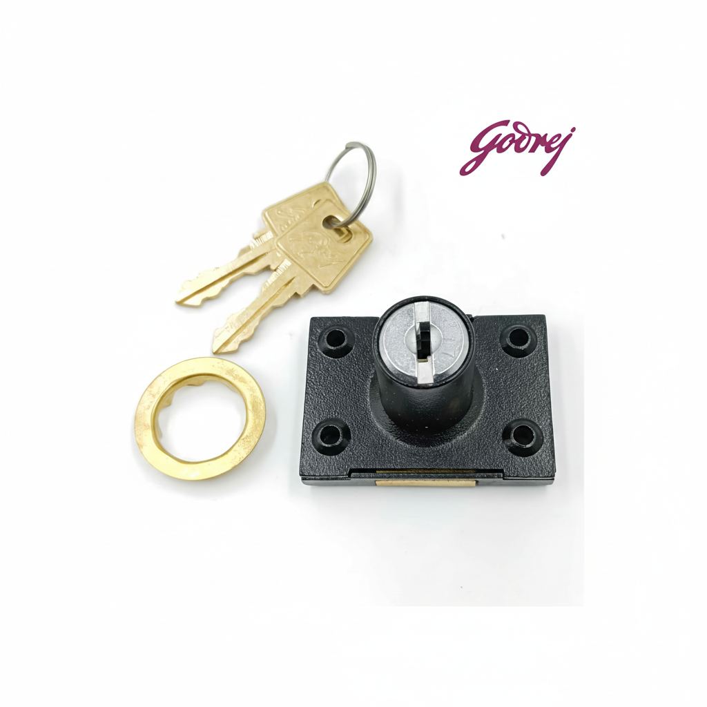 Godrej multi-purpose drawer and cupboard lock in a textured black finish, featuring a 20mm cylinder, two precision-cut brass keys, and a matching brass trim ring for secure home and office furniture installation.