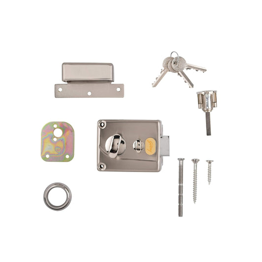Godrej Premium Night Latch full installation kit featuring a satin silver rim lock body, matching striker plate, external key cylinder, three brass keys, mounting plate, decorative rose, and high-tensile installation screws.