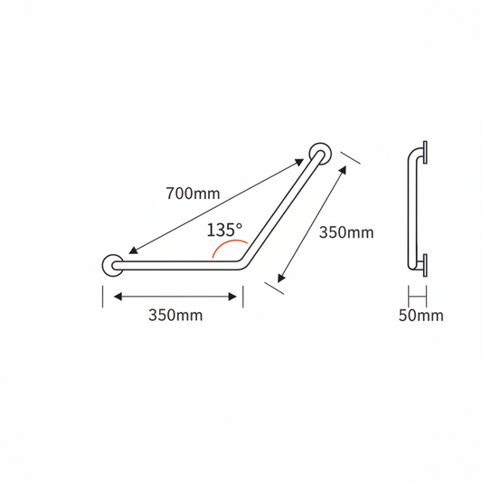 Technical dimension diagram for the Grafiqe 135-degree angled grab bar showing a total length of 700mm, two 350mm segments, and a 50mm wall clearance depth for professional bathroom installation.