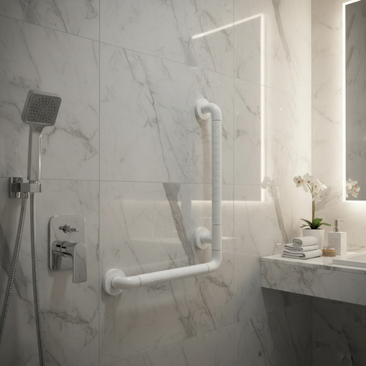 Lifestyle view of a Grafiqe white L-shaped safety grab bar with anti-slip textured grip zones, installed on a white marble-tiled shower wall next to a chrome handheld shower head and marble vanity.