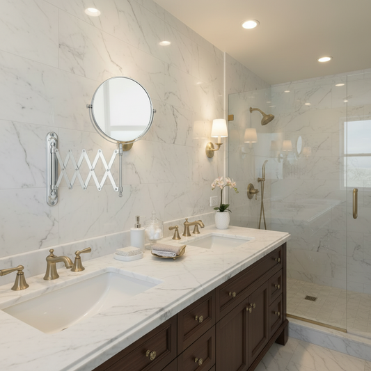 Lifestyle shot of a Grafiqe chrome wall-mounted magnifying mirror with an extendable zigzag scissor arm, installed on a white marble-tiled wall above a double vanity with dark wood cabinets and gold-toned faucets.