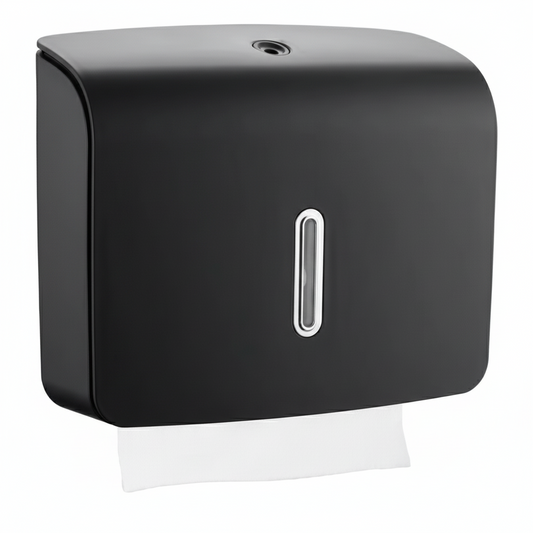 Grafiqe wall-mounted compact paper towel dispenser in a premium black finish, featuring a vertical viewing window for level monitoring and a secure lockable top for commercial washroom use.