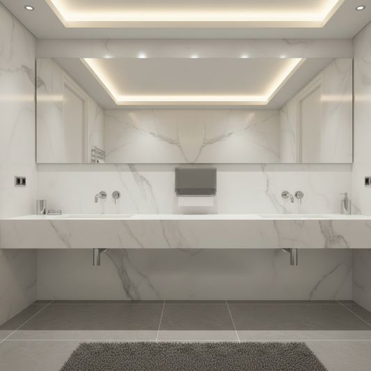 Lifestyle view of a Grafiqe grey paper towel dispenser mounted centrally on a white marble wall in a luxury washroom, featuring a wide floating marble vanity with dual sinks, chrome fixtures, and integrated cove lighting.