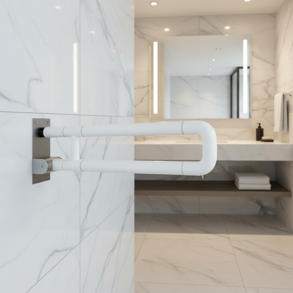 Lifestyle view of a Grafiqe white folding grab bar with integrated anti-slip textured grip, installed on a white marble-tiled wall next to a modern vanity with backlit mirrors and ambient lighting.