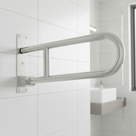 Lifestyle view of a Grafiqe polished stainless steel folding grab bar installed on a white-tiled bathroom wall, featuring a heavy-duty flip-up design and reinforced mounting plate for modern home accessibility.