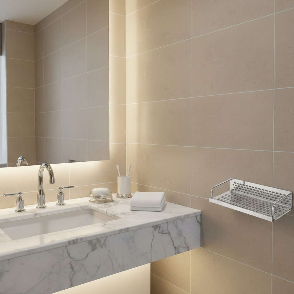 Lifestyle shot of a Grafiqe rectangular perforated silver stainless steel shelf mounted on a beige tiled wall next to a luxury marble vanity with a backlit mirror, chrome fixtures, and a clean, modern bathroom interior.