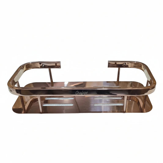 Grafiqe rectangular wall-mounted bathroom shelf in a polished rose gold finish, featuring an engraved brand logo, horizontal laser-cut drainage slots, and a raised safety guard rail for premium shower storage.