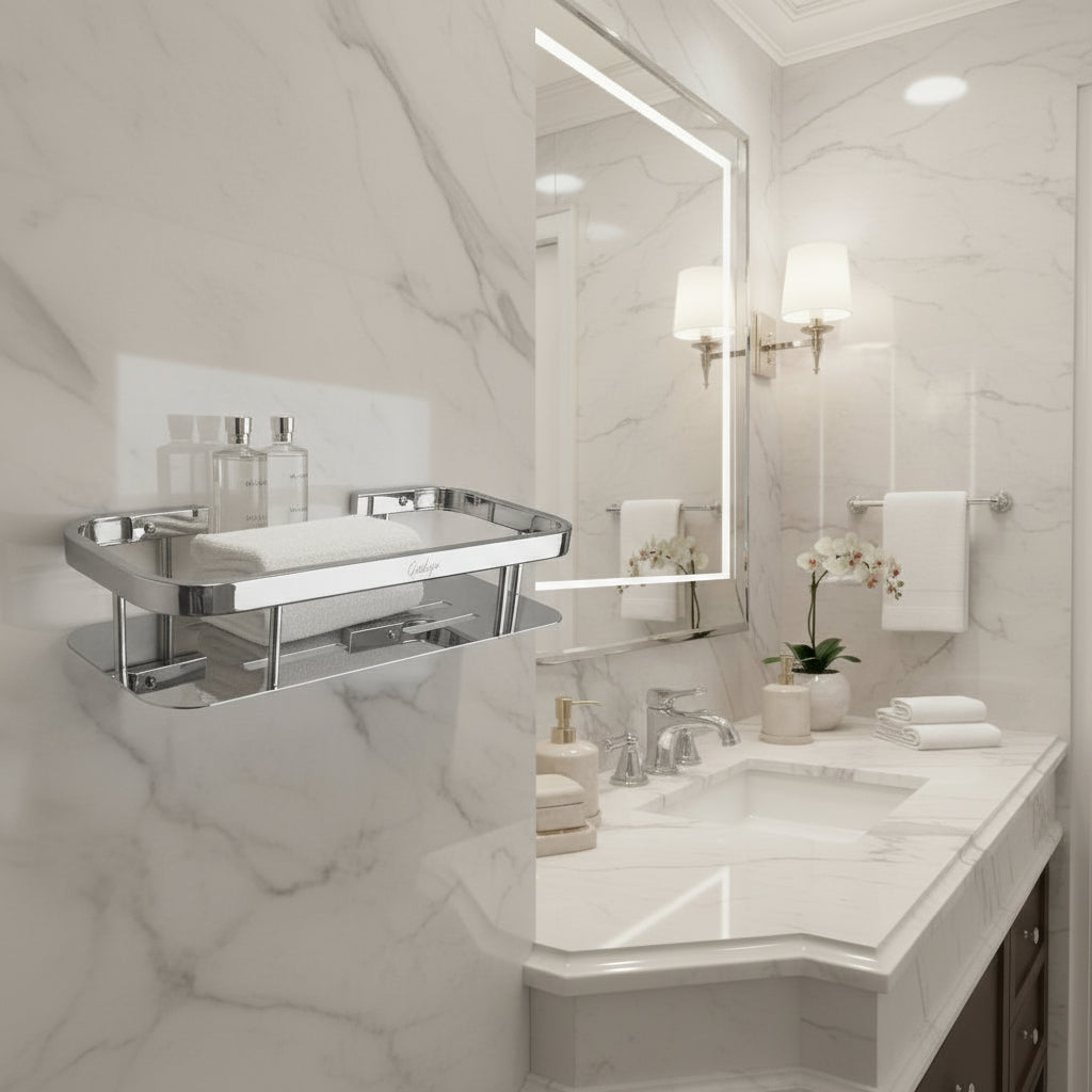 Lifestyle view of a Grafiqe silver stainless steel rectangular shelf holding towels and toiletries, installed on a white marble wall next to a luxury vanity with a backlit mirror, chrome faucets, and warm ambient lighting.