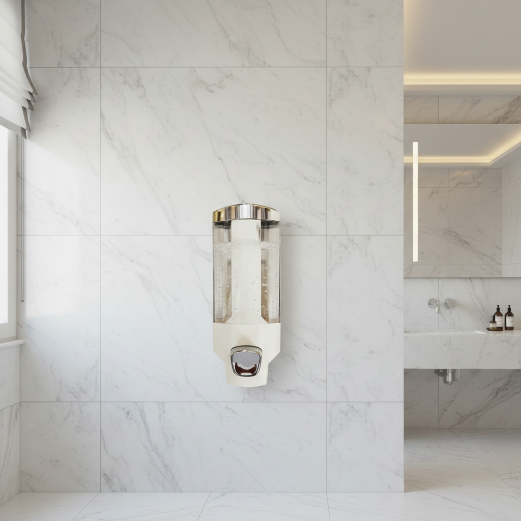 Lifestyle shot of a Grafiqe slimline liquid dispenser mounted on a white marble wall, featuring a high-capacity clear reservoir and chrome push-button for organized, touch-access hygiene in a contemporary luxury bathroom.