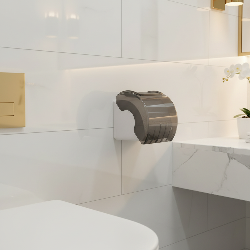 Lifestyle view of a Grafiqe wall-mounted toilet roll holder with a translucent grey waterproof cover, installed on a white subway tile wall next to a marble vanity and gold-toned bathroom fixtures.