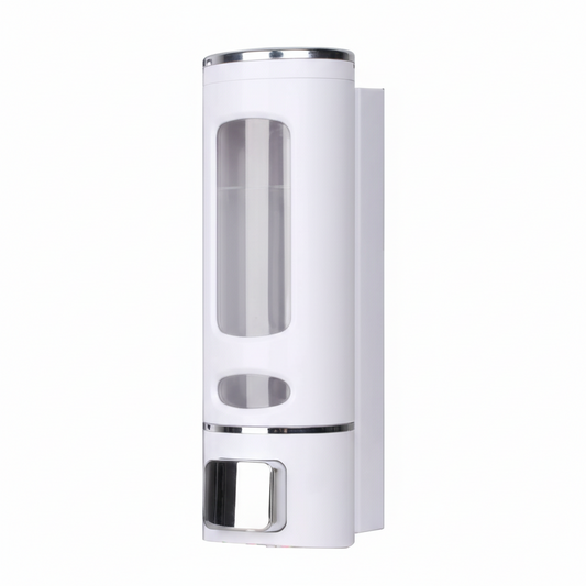 Grafiqe wall-mounted cylindrical liquid dispenser in a clean white finish, featuring a large vertical transparent viewing window for level monitoring and a chrome manual push-button pump for organized bathroom and shower storage.