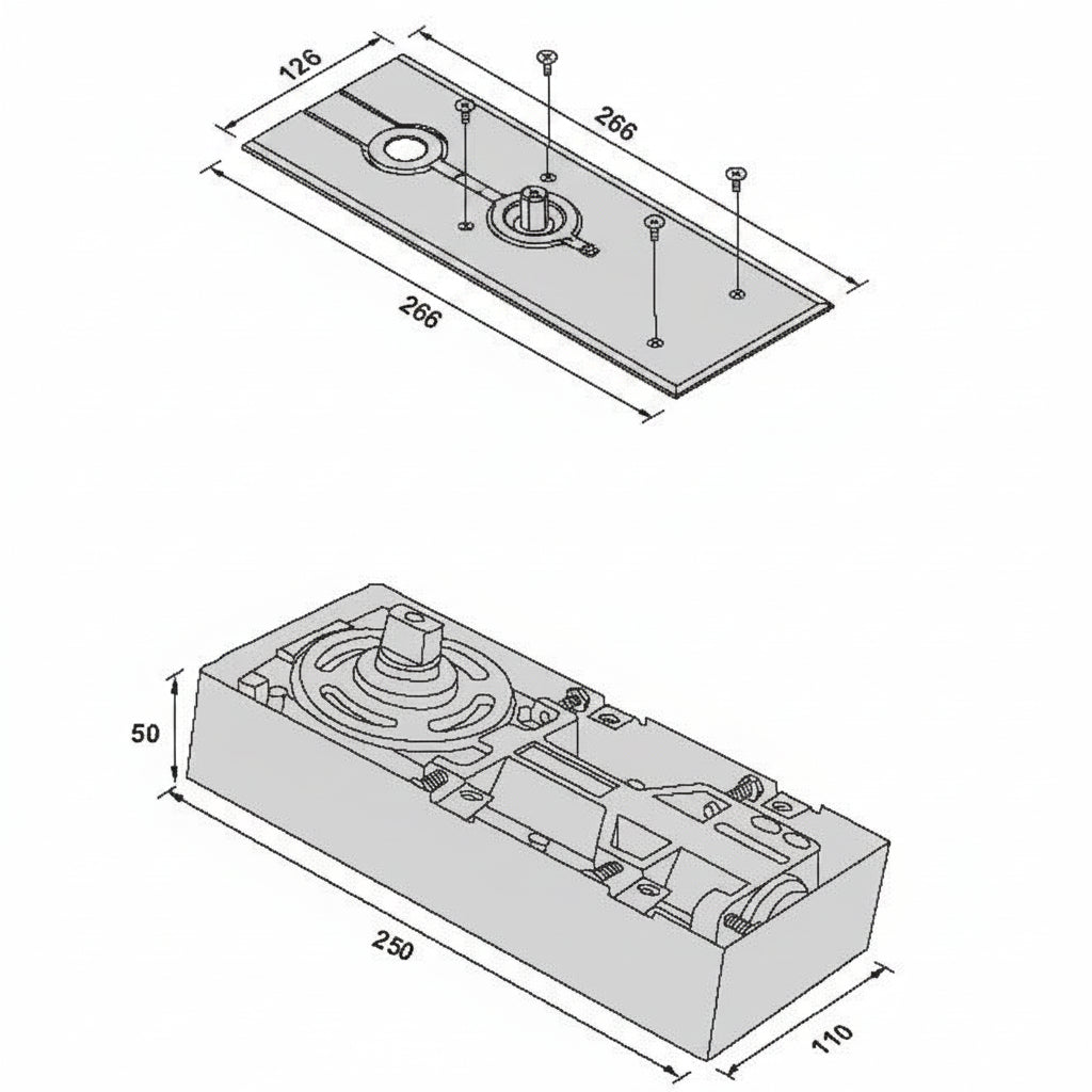A technical dimension diagram for a heavy-duty hydraulic floor spring door closer. The schematic details the structural measurements of the closer body—250mm length, 110mm width, and 50mm depth—alongside its corresponding stainless steel cover plate measuring 266mm by 126mm. This architectural drawing provides essential installation data for recessed floor-mounted closers used in glass and wooden door systems.