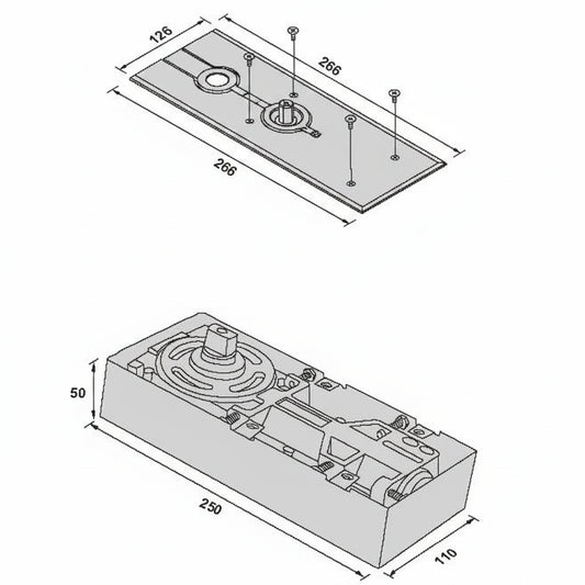 A technical dimension diagram for a heavy-duty hydraulic floor spring door closer. The schematic details the structural measurements of the closer body—250mm length, 110mm width, and 50mm depth—alongside its corresponding stainless steel cover plate measuring 266mm by 126mm. This architectural drawing provides essential installation data for recessed floor-mounted closers used in glass and wooden door systems.