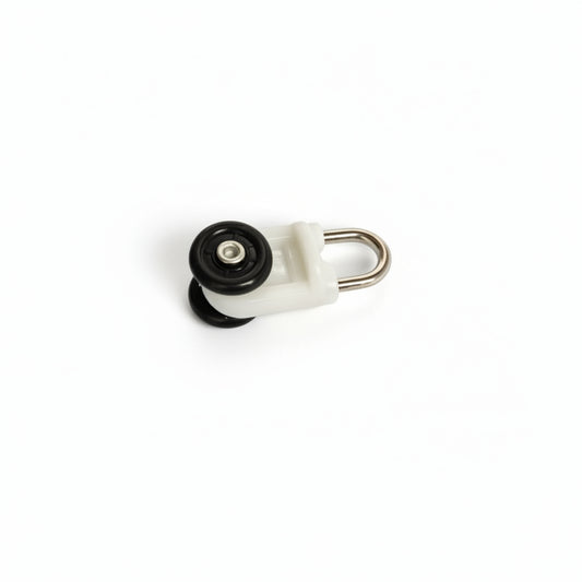 A high-quality silent curtain track glider featuring durable black nylon rollers and a sturdy white plastic housing. The component includes a polished stainless steel U-hook designed for smooth, noise-free sliding operation in heavy-duty architectural curtain and drapery rail systems.