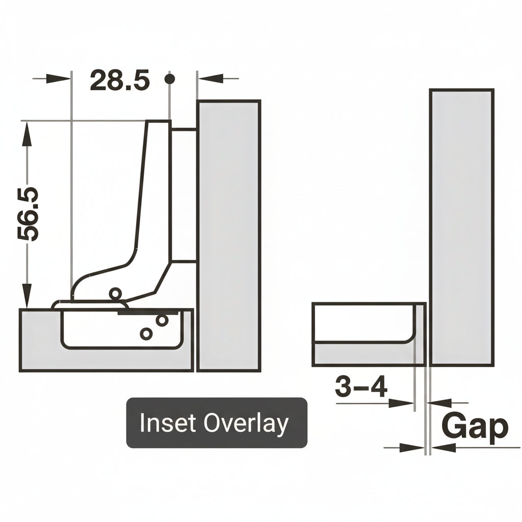 A technical diagram for an inset overlay cabinet hinge showing detailed mounting dimensions including a 56.5mm arm length and 28.5mm width. The schematic illustrates the relationship between the door and cabinet frame, highlighting a required 3-4mm gap for proper inset door clearance.