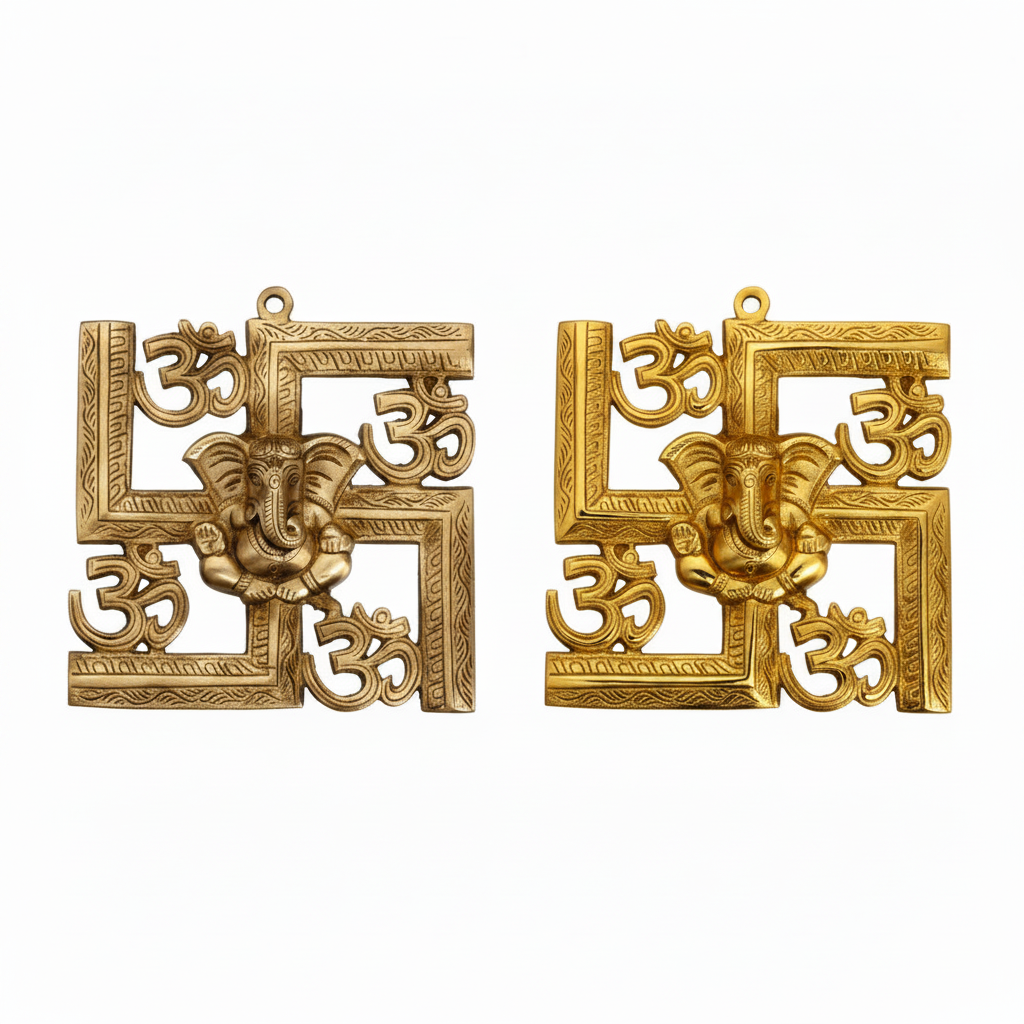 Two decorative Hindu wall accents featuring a central Lord Ganesha icon integrated into a Swastika frame with Om symbols at the corners, shown in antique brass and polished gold finishes for pooja room or home entrance decoration.