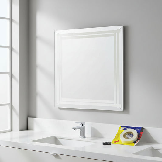 A modern bathroom scene showing a large square mirror mounted on a gray wall above a white vanity and sink. The 3M Mirror Mount Tape packaging and primer are visible on the counter, demonstrating a successful drill-free mirror installation.