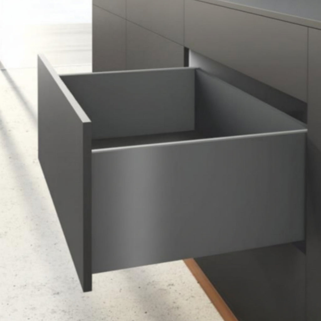 An open high-capacity deep slim double-wall kitchen drawer featuring a premium matte anthracite finish. The drawer is integrated into a modern dark handle-less cabinet system, showcasing minimalist German-style engineering for large-volume interior organizatio