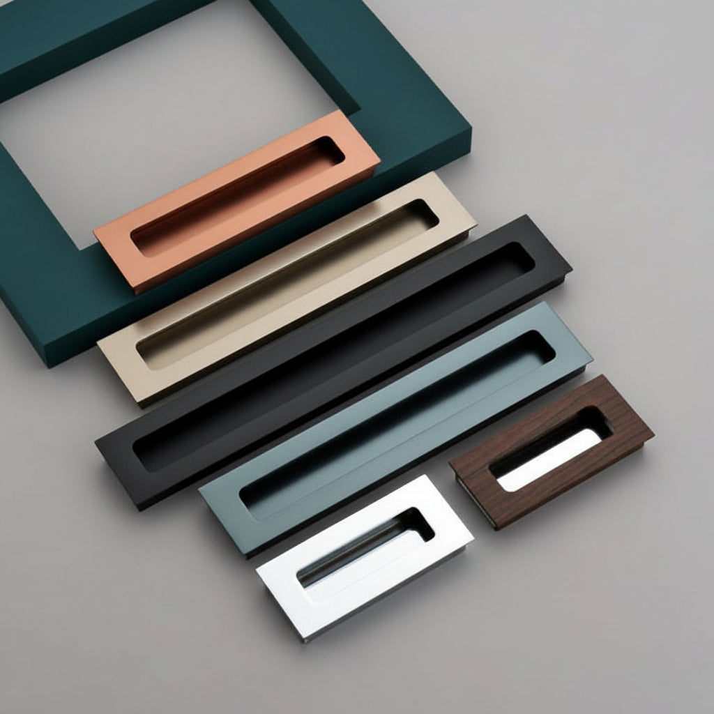 A collection of Creatick CN-2 modern recessed cabinet handles featuring a sleek, rectangular flush-mount design. These minimalist concealed pulls are shown in various finishes including rose gold, satin champagne, matte black, slate grey, polished chrome, and a unique dark wood grain—ideal for sliding doors, luxury kitchen cabinetry, and seamless wardrobe designs.