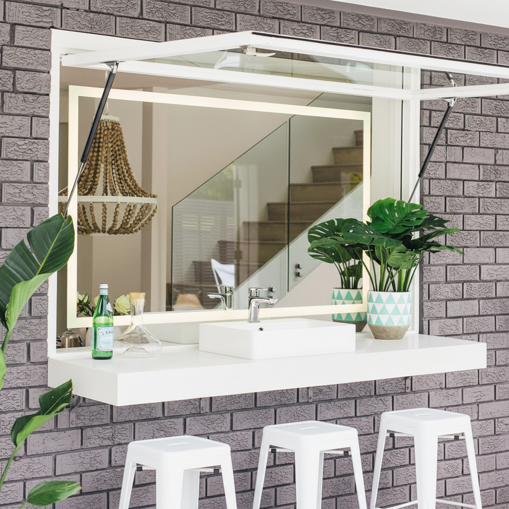 A modern outdoor kitchen servery window equipped with heavy-duty black gas struts for a seamless flip-up opening. The image showcases the hydraulic lift supports holding a large white-framed glass window open over a patio bar counter with white stools, demonstrating the practical application of gas springs in contemporary home architecture and cafe serving hatches.