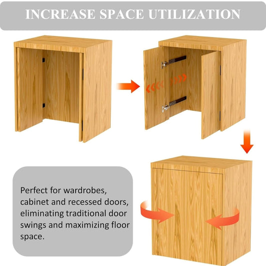 An instructional diagram showcasing the space-saving benefits of Aeron pocket door sliding channels for wardrobes and cabinets. The illustration demonstrates how the hardware allows recessed doors to slide back into the cabinet frame, eliminating traditional door swings to maximize floor space and improve accessibility in modern furniture design.