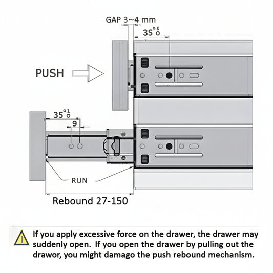 A detailed technical installation diagram for a push-to-open drawer runner system. The schematic highlights a required 3-4mm gap for the rebound mechanism, a rebound range of 27-150, and specific mounting measurements for handle-less cabinet drawers, accompanied by a warning regarding excessive force and proper operation.