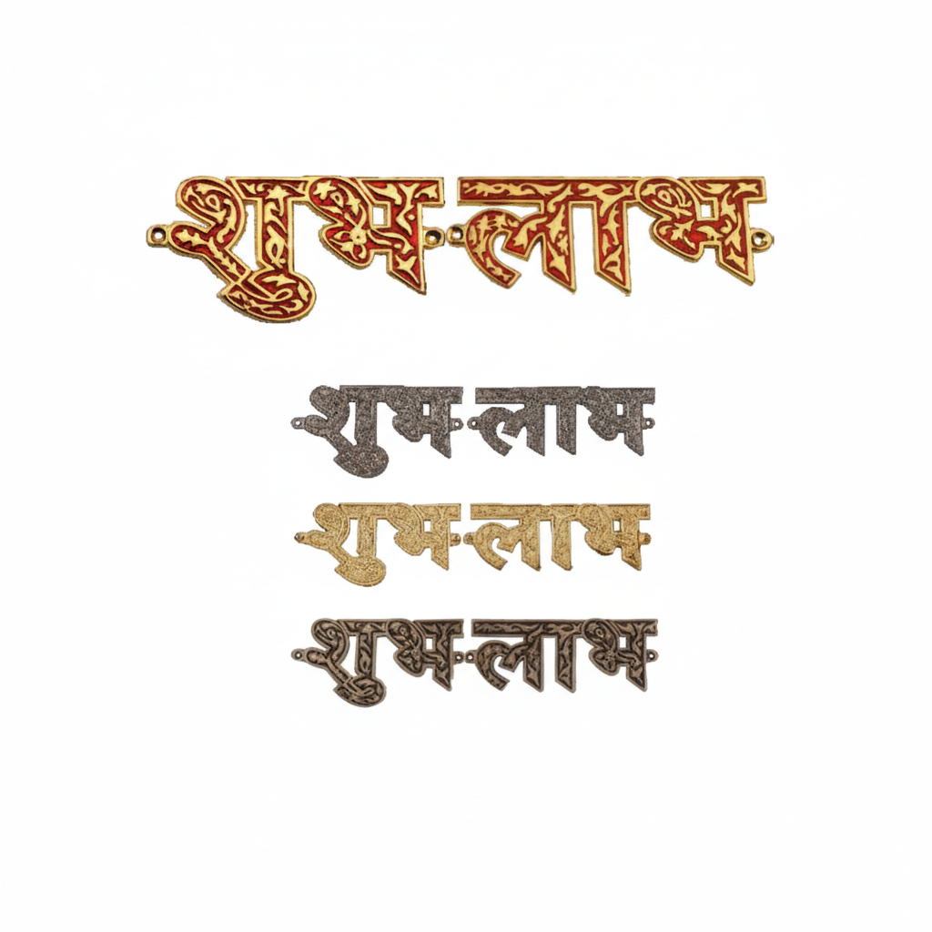 Four decorative "Shubh Labh" wall-mounted symbols for Hindu home temples, displayed in vibrant red enamel (Red Mina) with gold, polished gold with intricate carvings, and an antique brass finish, each featuring integrated mounting holes.