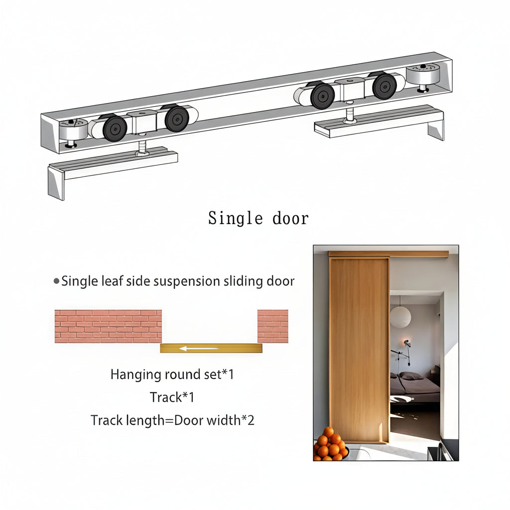 A technical diagram and installation guide for a single-leaf side suspension sliding door. The image features a 3D cutaway of the hanging roller mechanism inside the track, a top-view floor plan showing a wall-mounted sliding door, and a lifestyle photo of a modern wooden sliding door used as a bedroom entrance. Includes track length calculation formulas for DIY home improvement and interior hardware planning.