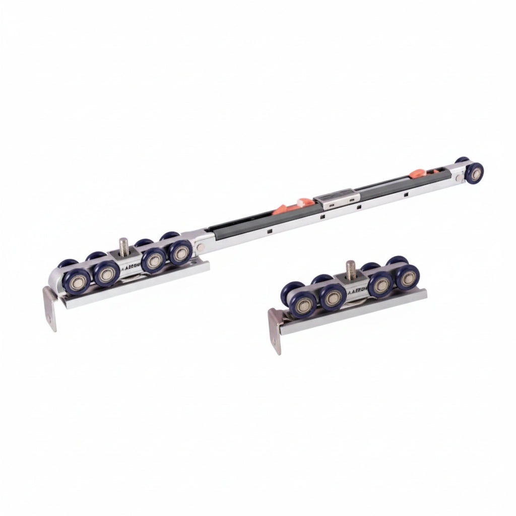 Aeron premium soft-close sliding door hardware designed for wooden doors weighing up to 80kg. This heavy-duty fitting features high-performance 8-wheel roller carriers for whisper-quiet movement, top-mounting brackets, and a precision-engineered soft-close mechanism track to prevent door slamming in modern residential and commercial interiors.