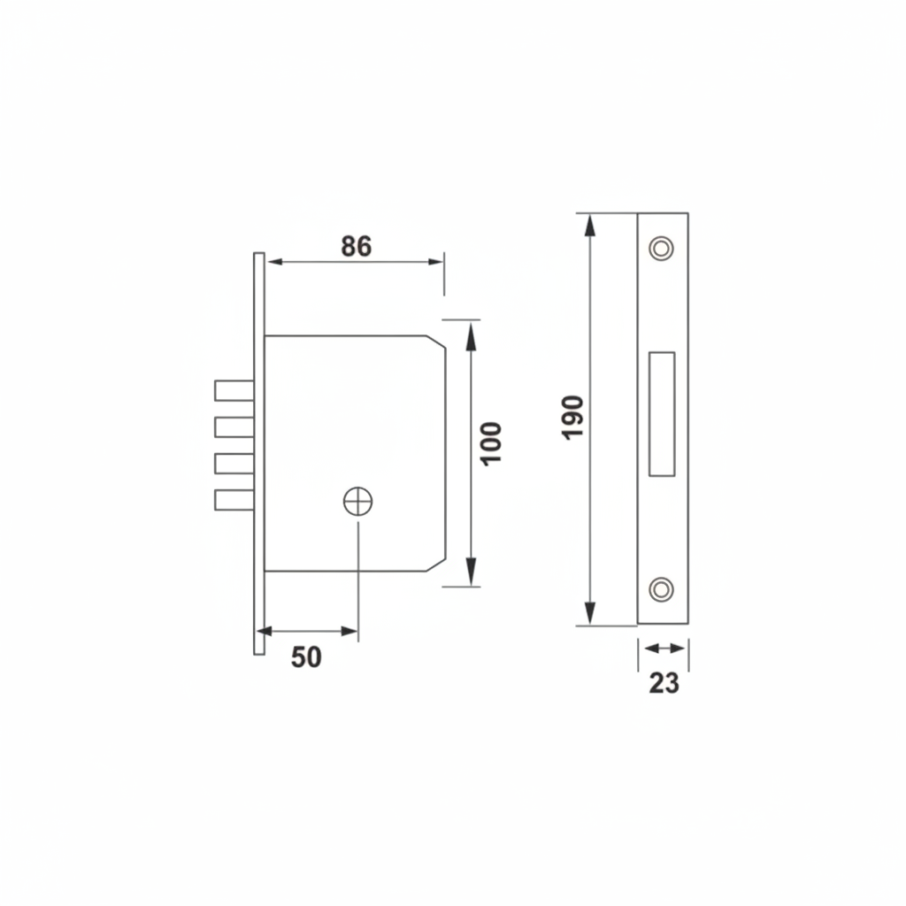 Technical dimensional drawing for a Starkey multi-bolt mortise lock body showing a 50mm backset, 86mm total case depth, 190mm faceplate height, and a high-security four-bullet deadbolt system for main doors.