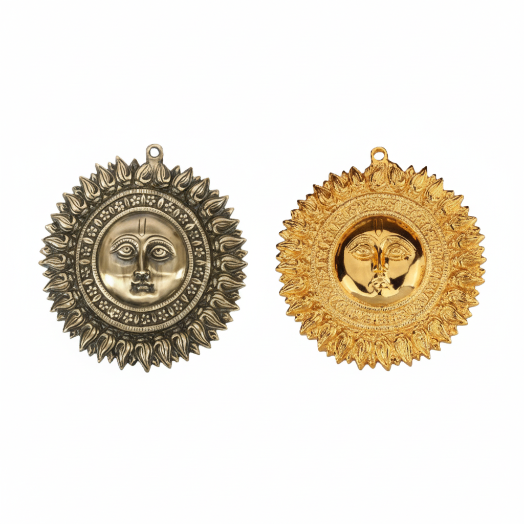 Two decorative Surya Dev (Sun God) wall-mounted accents featuring a central deity face surrounded by radiant sun rays, shown in antique brass and gold finishes for Hindu home temple decoration or Vastu protection at the main entrance.