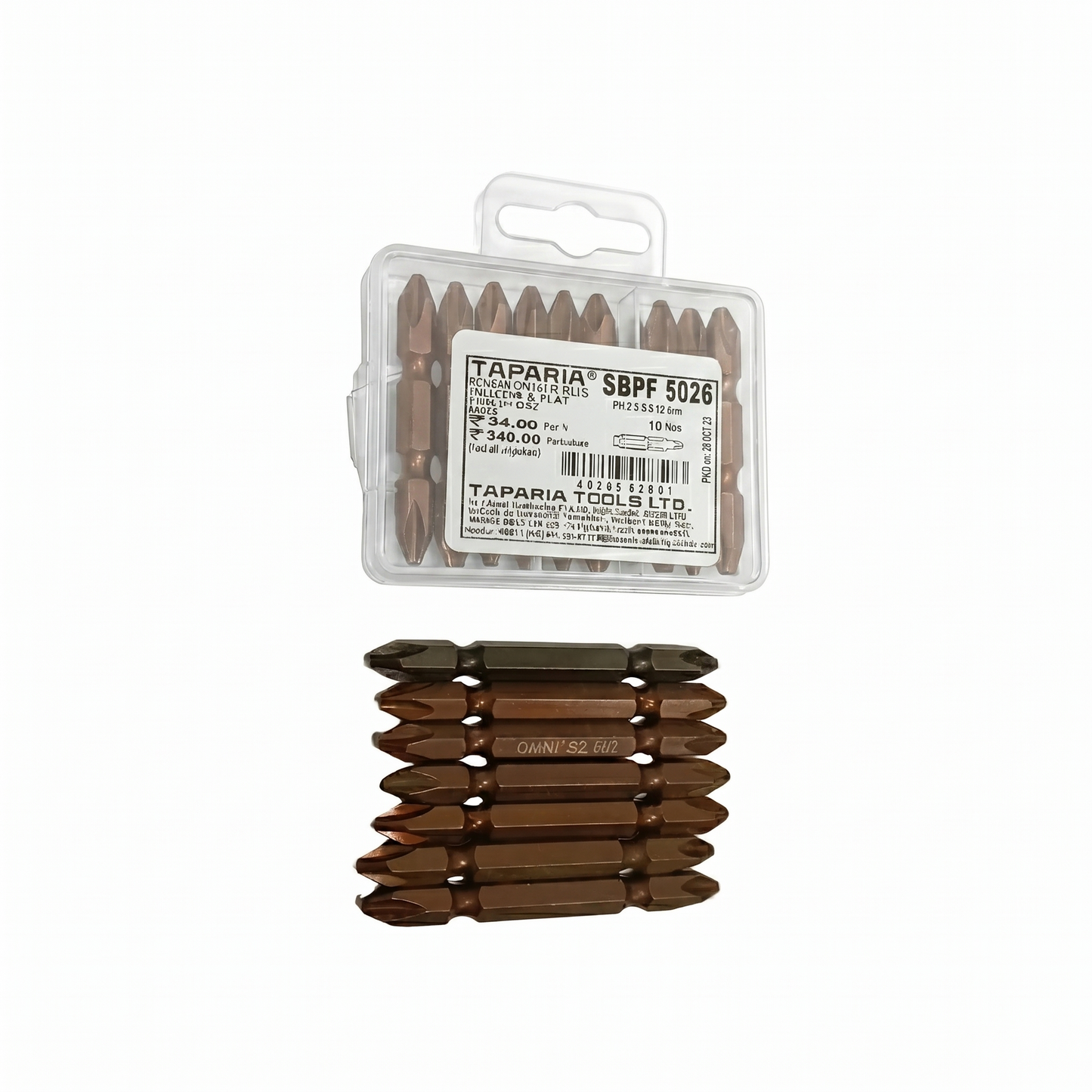 Taparia SBPF 5026 10-piece screwdriver bit set featuring PH2 double-ended Phillips head bits made from high-quality S2 steel with a corrosion-resistant bronze finish for industrial and DIY use.