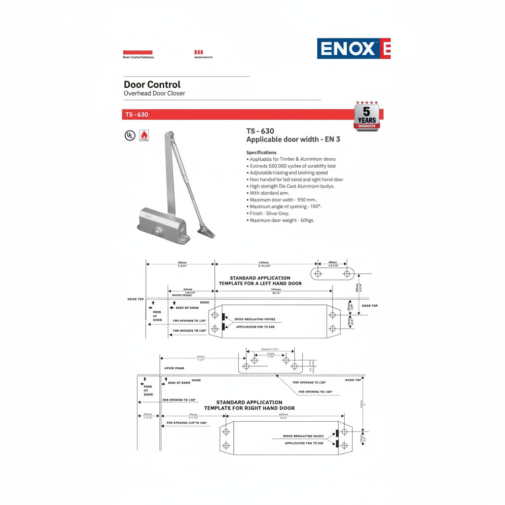 A technical specification and mounting template sheet for the ENOX TS-630 overhead door closer. The document details features such as UL certification, fire rating, and a 60kg maximum door weight capacity. It includes precise installation diagrams for both left-hand and right-hand door applications, highlighting speed regulating valves and architectural dimensions for timber and aluminum doors. Ideal for professional door hardware specification and installation guidance.