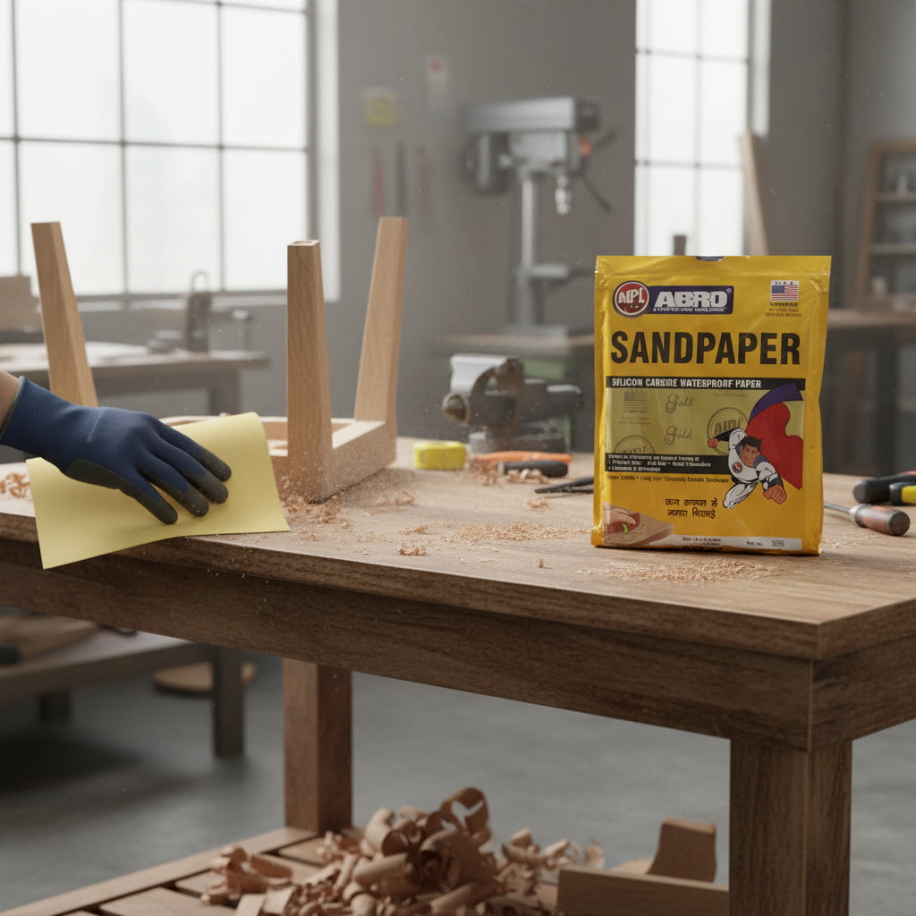 A person using a sheet of yellow sandpaper to sand a wooden furniture leg in a workshop setting. A yellow pack of ABRO Silicon Carbide Waterproof Sandpaper is visible on the workbench, illustrating its use for professional woodworking and furniture finishing.