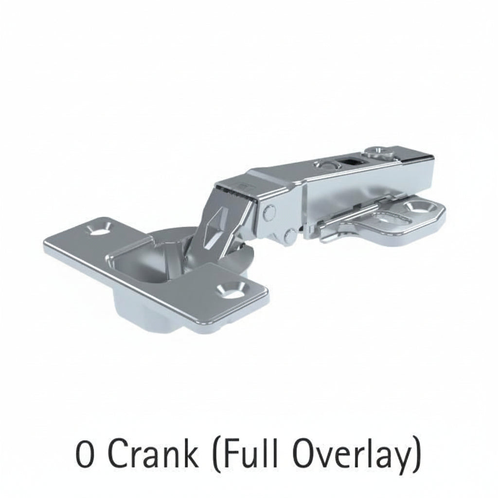 A professional-grade 0 crank full overlay concealed cabinet cup hinge made of durable nickel-plated steel. The image shows the straight-arm hinge assembly with adjustable screws and mounting plate, designed for seamless kitchen cabinet and wardrobe door installation where the door completely overlays the cabinet frame.
