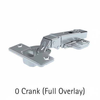 A professional-grade 0 crank full overlay concealed cabinet cup hinge made of durable nickel-plated steel. The image shows the straight-arm hinge assembly with adjustable screws and mounting plate, designed for seamless kitchen cabinet and wardrobe door installation where the door completely overlays the cabinet frame.