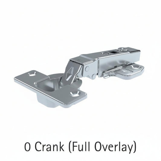 A professional-grade 0 crank full overlay concealed cabinet cup hinge made of durable nickel-plated steel. The image shows the straight-arm hinge assembly with adjustable screws and mounting plate, designed for seamless kitchen cabinet and wardrobe door installation where the door completely overlays the cabinet frame.