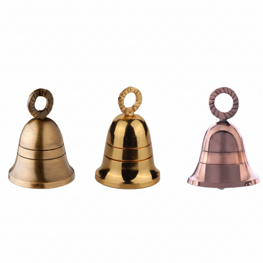 Trio of Fab0208_B metal hanging bells in vintage antique brass, gold and rose gold finishes featuring a smooth domed body and a decorative twisted rope-style mounting loop.